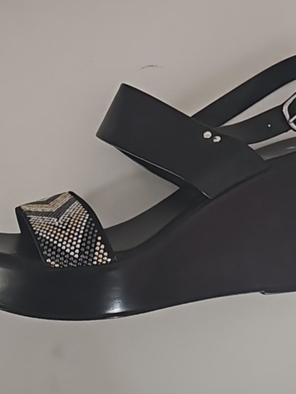 Italian Shoemakers Black Wedge Sandals with Metallic Rhinestone Strap NWOT